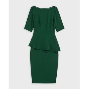 Ted Baker Romolaa Peplum Detail Short Sleeve Dress Dark Green